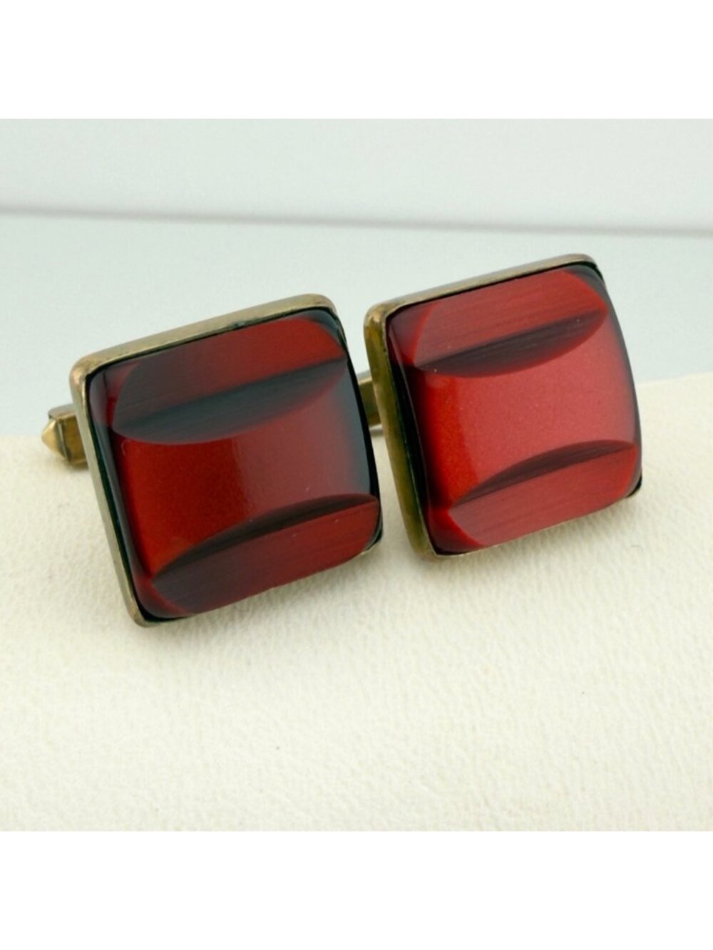 Vintage Red Glass Square Cufflinks Gold Tone Mid Century Wedding